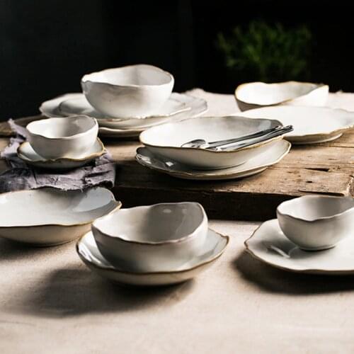 KINGLANG 2/4 Person Tableware Set Nordic Household Ceramics Irregular Shape Dinner Set Dishes Plate