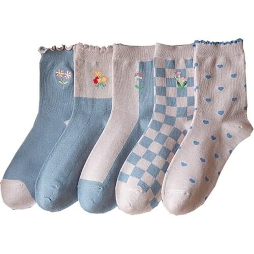 Embroidery Flower Woman Socks Cotton Ruffle Autumn Winter Street Cycling Long Socks Korean Style High Quality Chaussette Femme