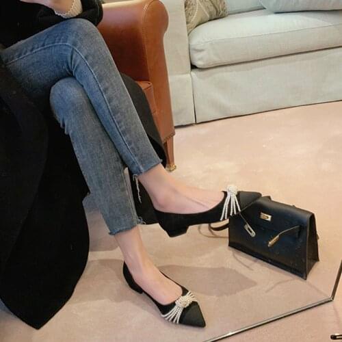 2021 spring new pointed pearl bow thick heel womens flat shoes color matching small fragrance style womens shoes