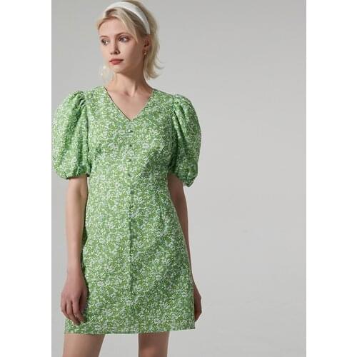 Summer New Sweet French Floral Print Green Dress Female Chiffon Pure Cotton Slim Short Puff Sleeve V-neck Mini Dress for Women