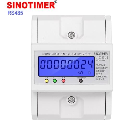 RS485 Modbus Rtu DIN Rail 3 Phase 4 Wire Electronic Wattmeter Power Consumption Energy Meter 5-80A 380V AC 50Hz LCD Backlight