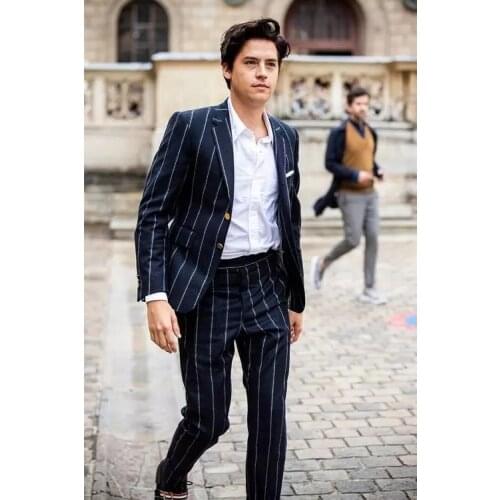 Wide Dark Blue Men Suits 2 Buttons Costume Homme Party Groom Tuxedos Wedding Terno Masculino Slim Fit 2 Pieces (Jacket+Pants)