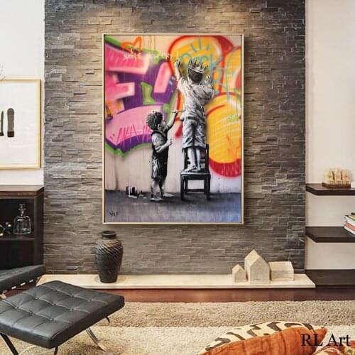 Modern Street Griffiti Art Posters and Prints Canvas Wall Art Decor Two little Kids Doing Graffiti Smile Now Picture for Room