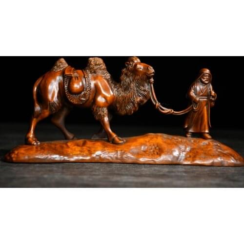 9" China Lucky Seikos Boxwood Desert camel buddha statue Silk road Businessman leading camel across the desert Hard work
