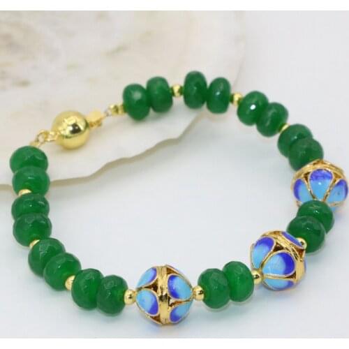 High quality wholesale price 5*8mm green jades chalcedony abacus beads clasp bracelet gold-color cloisonne jewelry 7.5inch B2754