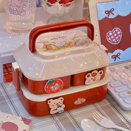 W&G Kawaii Lunch Box Double Cute Student Bento Microwave Boxes Food Storage With Independent Box Cutlery For Camping Storage Box