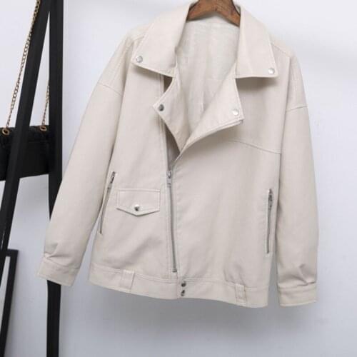 Women Faux Leather Jacket Casual Fashion Streetwear Buttob Zipper Coat Loose Autumn Moto Biker 2021 Rivet Pocket Women Jacket