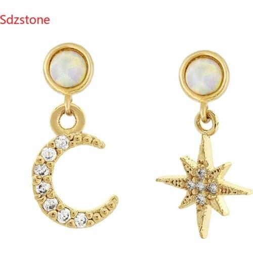 Tiny Trendy Gold Color Star Moon Dangle Earrings Delicate Opal With Cubic Zirconia Geometric Earrings Boucle D'oreille Femme