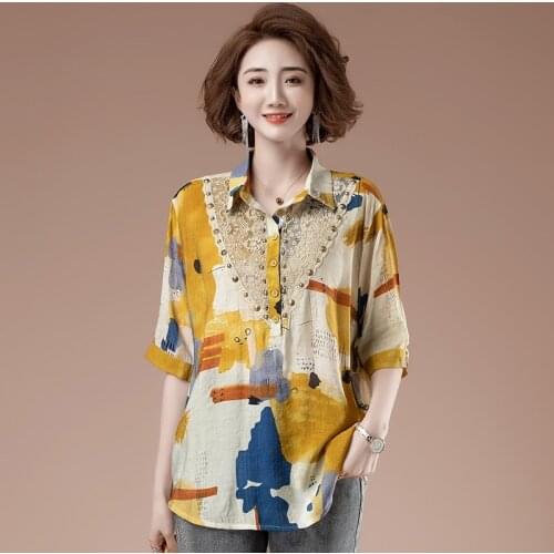 Plus Size Women Summer Loose Casual Shirts New 2021 Vintage Style Turn-down Collar Patchwork Lace Ladies Elegant Print Tops B220