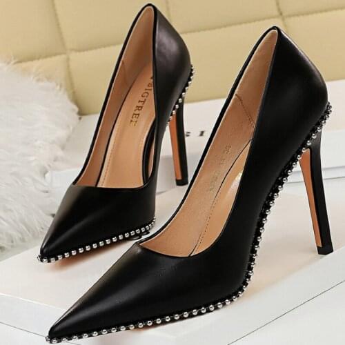 Women Pu Leather Rivet Pointed Toe Stiletto High Heel Pump Evening Party Dress Sexy Heels