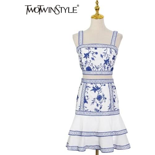 TWOTWINSTYLE Blue Print Elegant Two Piece Set For Women Square Collar Sleeveless Top Mini Skirt Hit Color Sets Female Summer New