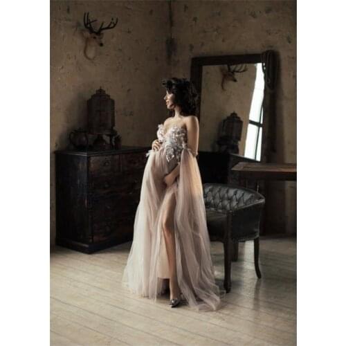 Hot Sale Pregnant Bathrobe Womens Bath Gown Tulle Appliqued Beads Bridal Robe Wedding Nightgown