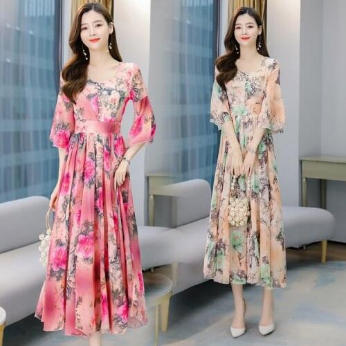 Women Long Floral chiffon Dress Summer 2021 Runway Elegant Vintage Boho Korean Retro Fairy Casual Vacation Party Vestidos New