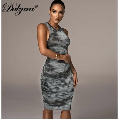 Dulzura Tie Dye Print Women Sleeveless Mini Dress Ruched Bodycon Sexy Party Elegant 2020 Autumn Winter Club Slim Lady Office