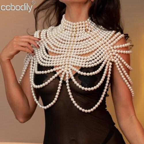 Womens Sexy Pearl Top Bra Chain Shawl Necklace Adjustable Size Retro Shoulder Necklace Banquet Wedding Dress Body Chain Jewelry