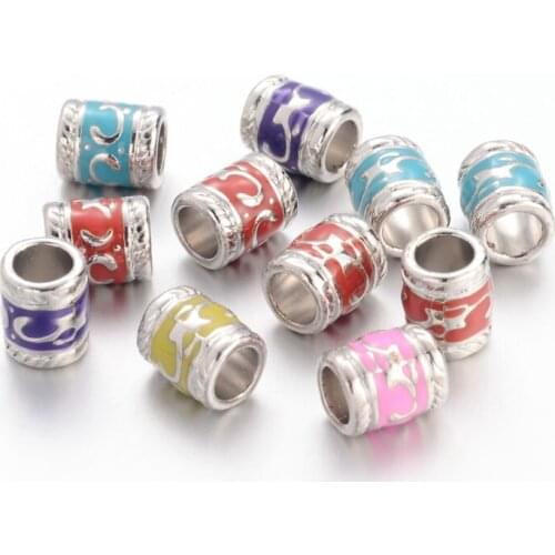 100pcs Enamel Alloy European Beads Large Hole Column Bead Silver Color for Jewelry Making DIY Bracelet Necklace 7x8.5mm hole:5mm