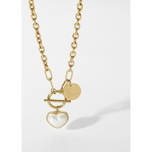 14k Gold Plated Stainless Steel Heart Shape Shell Pearl Wafer Pendant Necklace For Women OT Buckle Chic Fashion Chokers