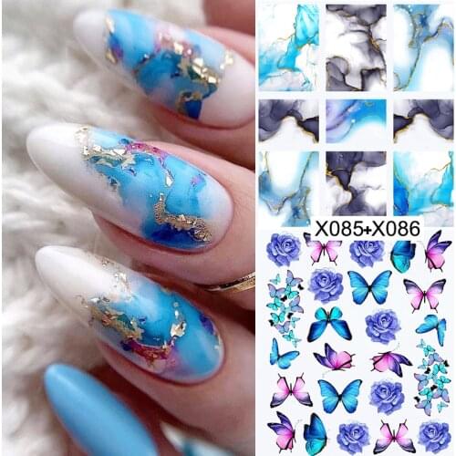 2Pcs/Set Nail Butterfly Stickers Watercolor Decals Ink Blooming Marble Nail Art Decals Sliders Charms Flowers Decorations Foils