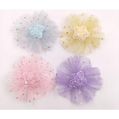 12Pcs 6CM Shiny Flower With Star Applique For DIY Baby Hair Clip Hat Headwear Crafts Patches Decor Ornament Clothing Accessories