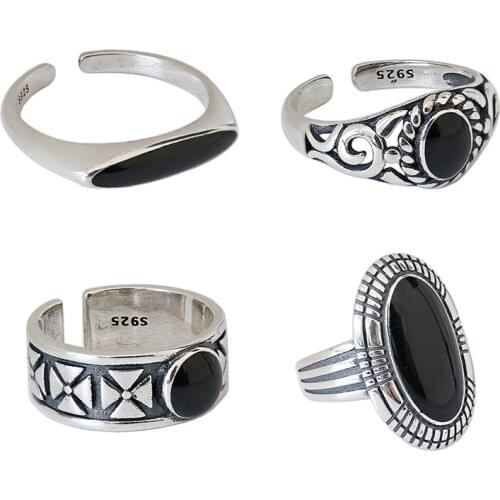 1PC Retro Authentic S925 Sterling Silver Fine Jewelry Black Enamel Oval /Round Pattern rings Vintage TLj1084