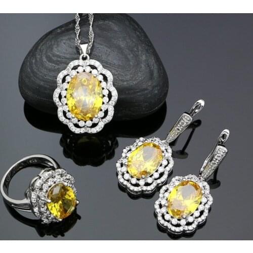 Yellow Cubic Zirconia White Crystal 925 Silver Jewelry Sets Earrings Pendant Necklace Ring Set for Women Wedding