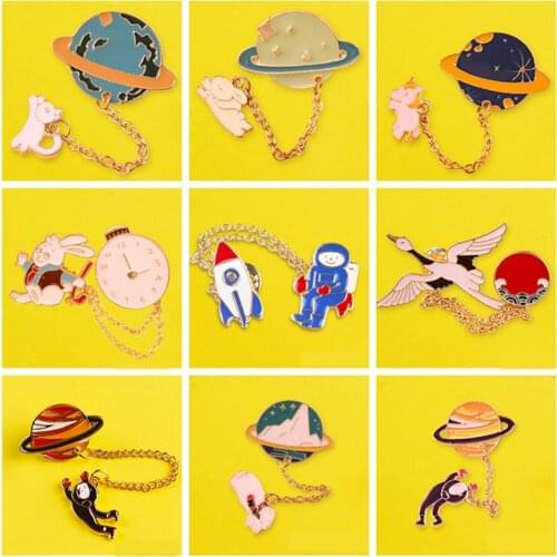Metal Chain Series Badge On Clothes Pin Planet Brooch Puppy Cat Astronaut Airplane Love Ship Book Girl Metal Enamel Brooch Badge