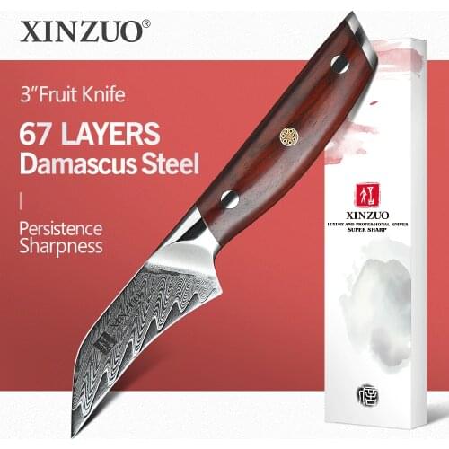 XINZUO 3'' inch Fruit Knife High Carbon Damascus Steel Kitchen Steel Razor Sharp Cooking Tools Rose Wood Handle Kitchen Knife