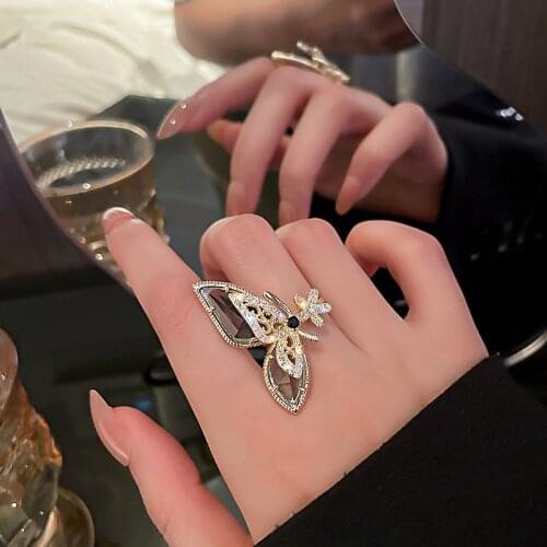 Origin Summer Shiny Crystal Flower Butterfly Ring for Women Girls Textured Open Adjustable Asymmetric Index Finger Ring Jewelry