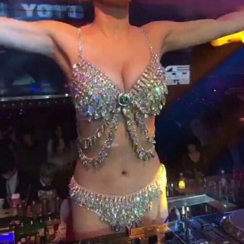 Sexy Nightclub Costumes For Ladies Sparkly Rhinestone Bikini For Women Bar Stage Singer Evening DJ leading Rave Dancewear DJ226
