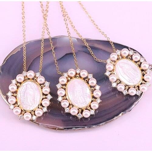 5Pcs Pearl With CZ Micro Paved Virgin of Mary Shell Pendant Fashion Gold Filled Necklaces