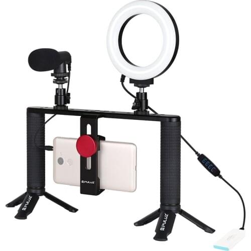 PULUZ 4 in 1 Vlogging Live Broadcast 4.6 inch Ring LED Selfie Light Smartphone Video Rig Handle Stabilizer Aluminum Bracket Kits