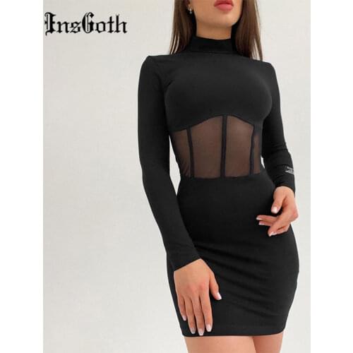 InsGoth Goth Sexy Corset Black Dress Retro Aesthetic High Waist Mini Dress Harajuku Punk Mesh Patchwork Women See Through Dress