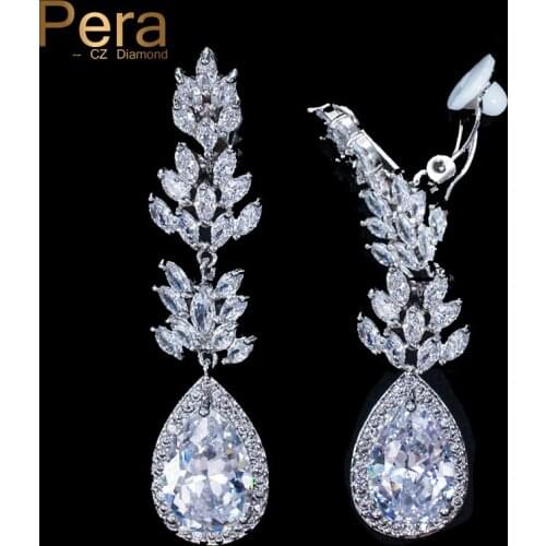 Pera High Qualtiy AAA+ Long Dangle Drop Marquise Shape Cubic Zirconia Elegant Women Party Clip Earrings Non Pierced Jewelry E263