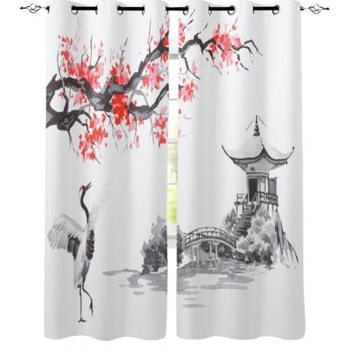 Crane Plum Tree Pavilion Ink Chinese Style Modern Curtains for Living Room Bedroom Kitchen Curtains Drapes Window Treatments