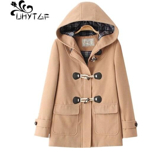 UHYTGF New Imitation wool Warm Womens winter tops outerwear Fashion Horn buckle Hooded woolen jacket Female plus size coats 1227