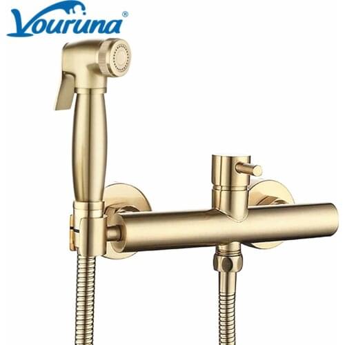 VOURUNA Brushed Golden Hand Toilet Bidet Sprayer Fixture Solid Brass Bidet Faucet Kit Muslim Shower Hot Cold Water Mixer Tap