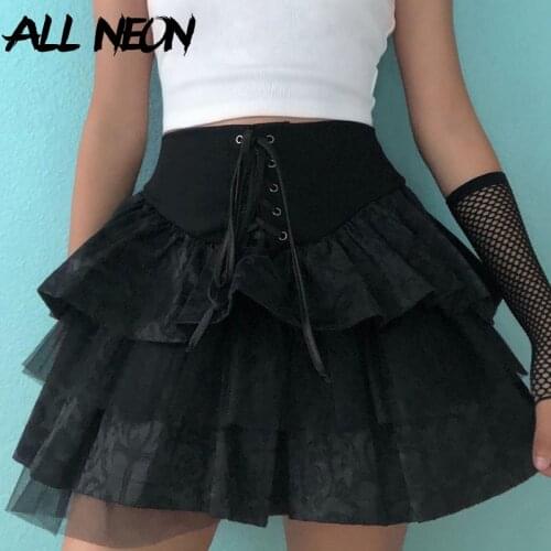 ALLNeon Mall Goth Y2K Lace-up High Waist Ruffles Skirts Punk Aesthetics Bandage A-line Lace Trim Black Tutu Skirt E-girl Outfits
