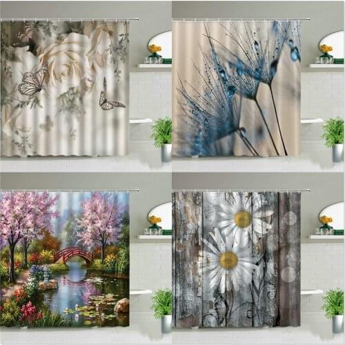 Flower Plant Scenery Shower Curtains Cactus Tulip Dandelion Landscape Bathroom Waterproof Cloth Curtain Bathtub Decor With Hooks