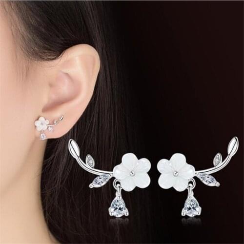 KOFSAC New Fashion 925 Sterling Silver Stud Earrings For Women Engagement Party Luxury Crystal Shell Flower Earring Jewelry Gift