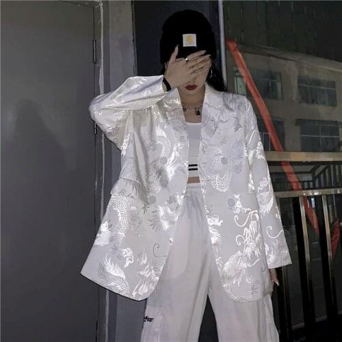 Gothic Vintage Women Jacket Long Sleeve Retro Silky Satin Blazer for Female Fashion Chinese Dragon Print Jacket White Outwears