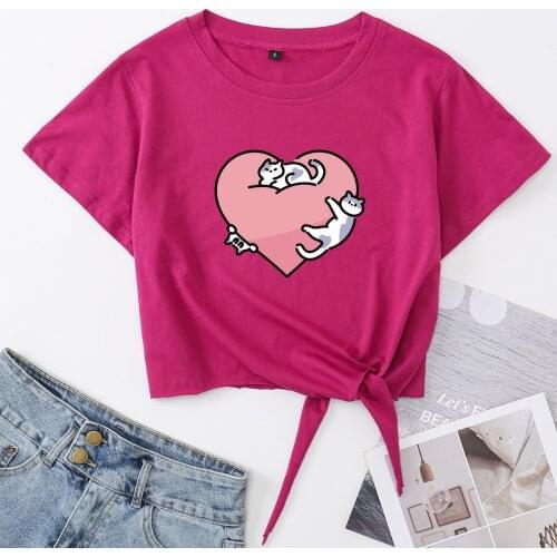 Cute Cats Heart Animal Pet Crop Top Womens Summer Short-sleeve Print Cotton T-shirt Cropped Tops Graphic Tee with Front Knot