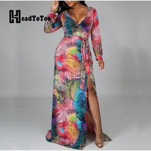 Chic Print Sexy V Neck Slit Maxi Dress Women Long Sleeve Belted Dress