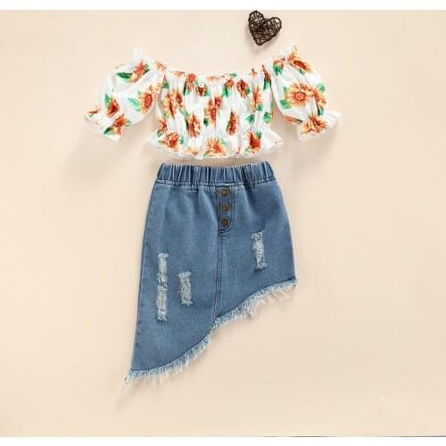 2021 Fashion Toddler Clothing Kids Girls Off Shoulder Short Sleeve Sunflower Tops Ripped Denim Skirt 2pcs Outfits Sets for 1-6Y