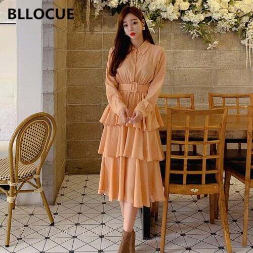 BLLOCUE 2020 Spring Korean Slim Belted Ruffle Dress Women Elegant Long Sleeve Fashion Cake Dress OL Shirt Dress Vestido