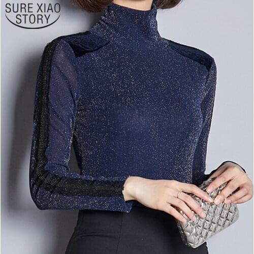 Autumn Winter Fashion Solid Bottom Shirts Women Turtleneck Hollow Mesh Sexy Women Blouses Black Blue Ladies Tops Slim 6920 50