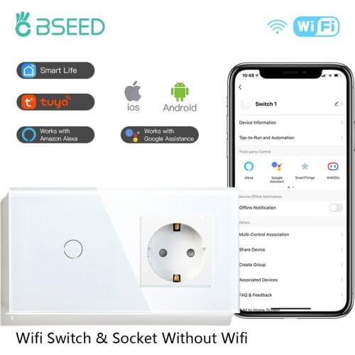 BSEED Wall Wifi Touch Switches 1/2/3Gang 1/2/3/4Way Smart Sensor Lamp Light Switches EU Power Wall Socket Without Wifi Glass