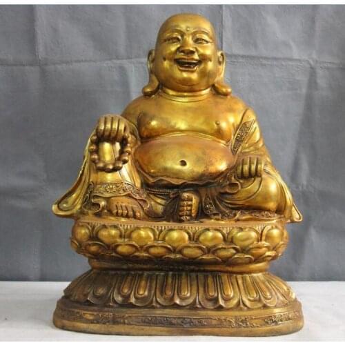 Buddhism Bronze Copper Gild Seat Lotus Happy Laugh Maitreya Buddha Statue