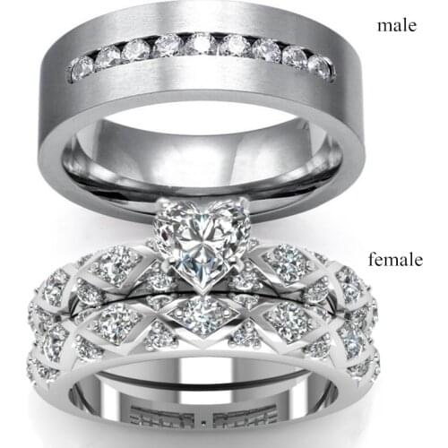 Carofeez Trendy Lovers Rings Simple Stainless Steel Mens Ring Romantic Heart Rhinestones Zircon Women‘s Rings Set