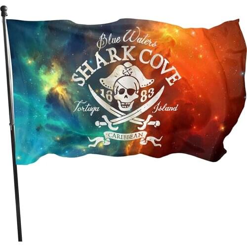 Pirate, Shark Cove Island Caribbean Waters Retro Jolly Roger Flag Outdoor Banner Garden House Home Decor Flag Fade Resistant