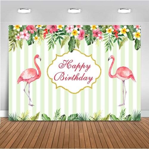 Happy Birthday Background for photo Flamingo Summer Holiday Backdrop for Photography Green and White Stripe Backdrops Prop 554